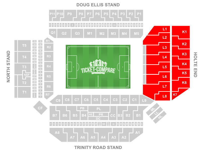 screenshot of Villa Park stadium seating plan with highlighted the Holte End Stand