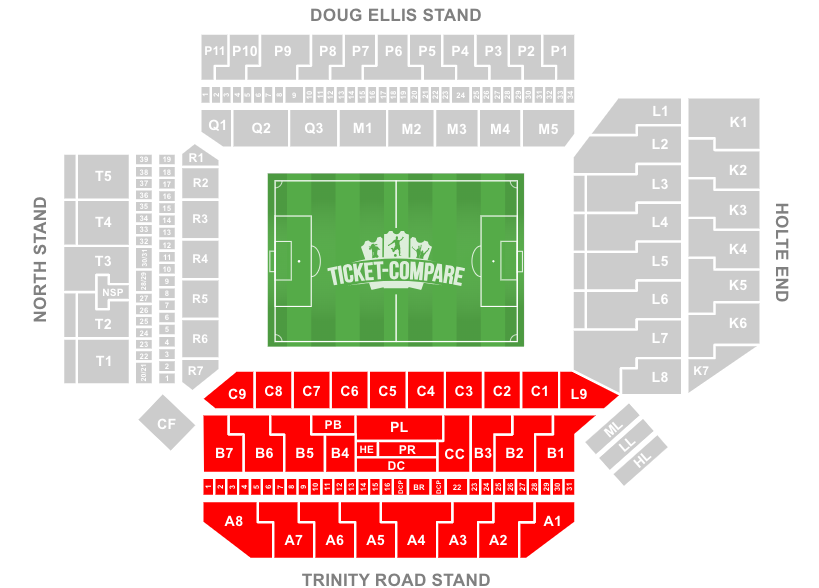 screenshot of Villa Park stadium seating plan with highlighted the Trinity Road Stand