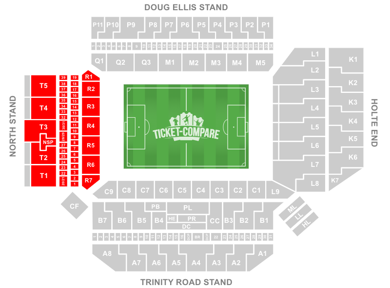 screenshot of Villa Park stadium seating plan with highlighted the North Stand