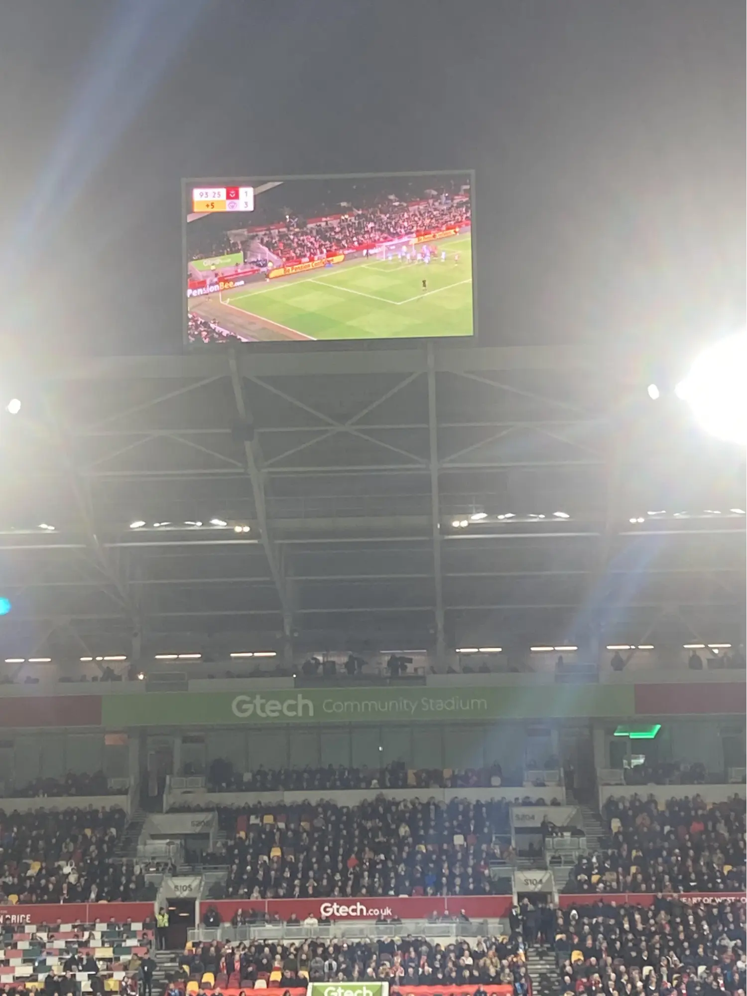 a view of the high attendence at the community stadium in the evening against manchester city in EPL 23/24