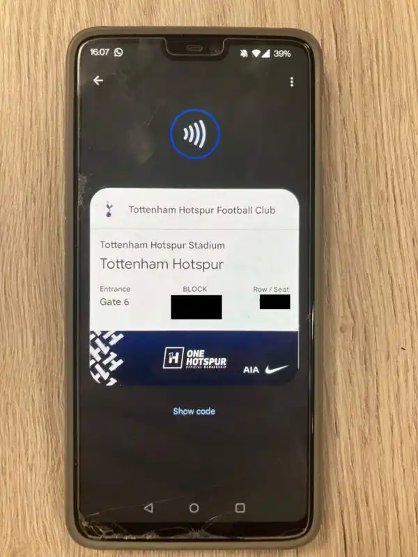 NFC ticket for Tottenham match