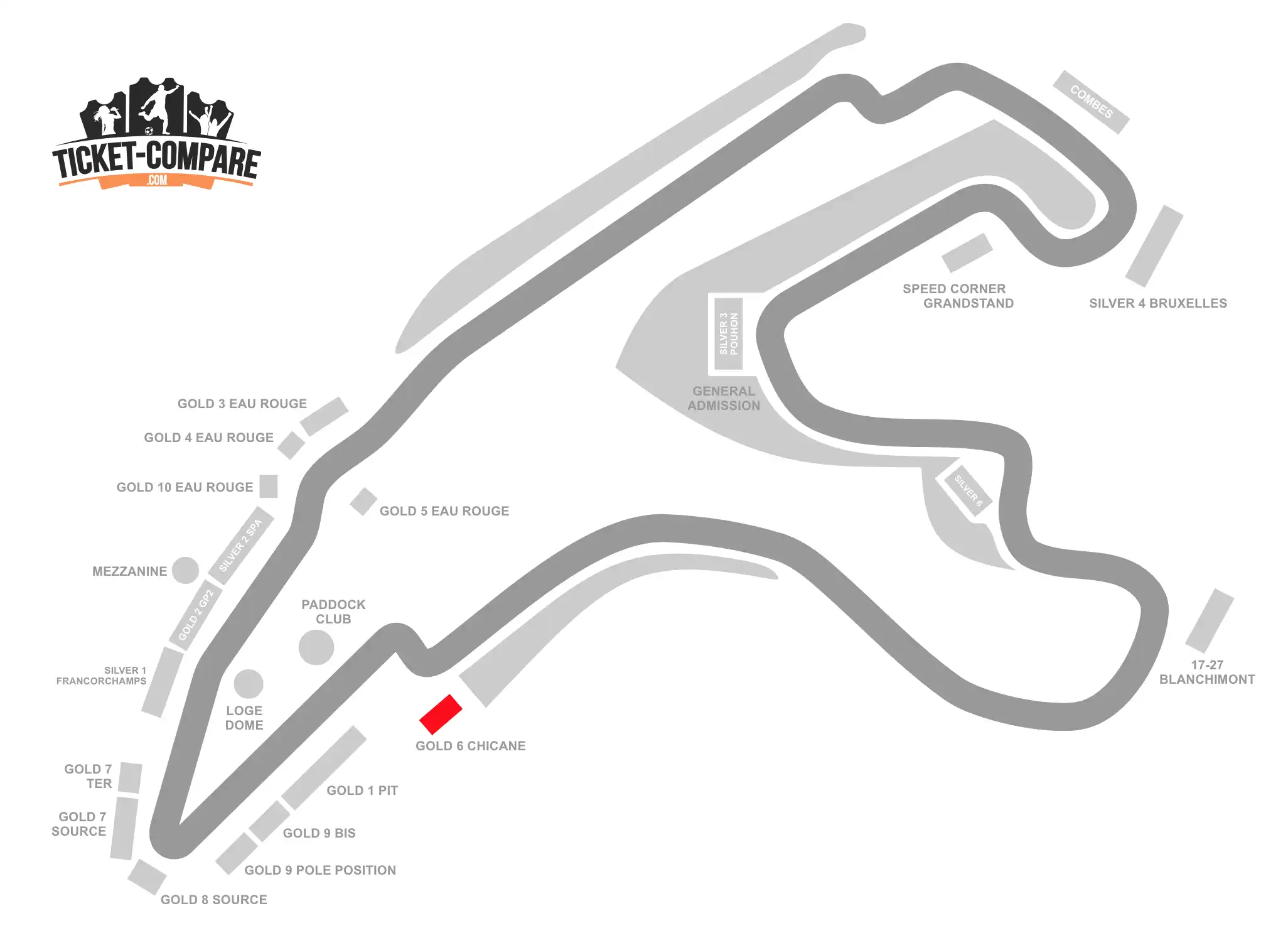 Screenshot Circuit de Spa-Francorchamps Seating Plan with GOLD 6 Chicane stand highlighted