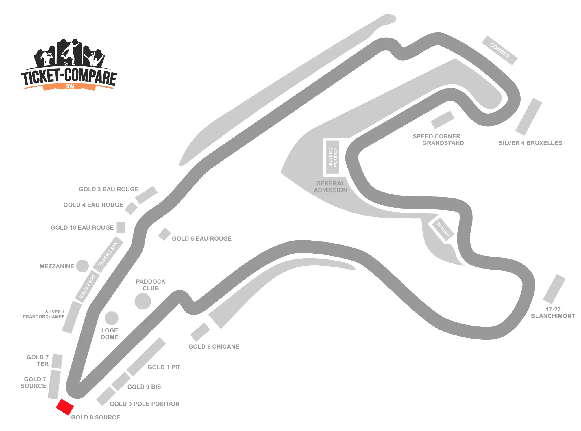 Screenshot Circuit de Spa-Francorchamps Seating Plan with GOLD 8 Source stand highlighted