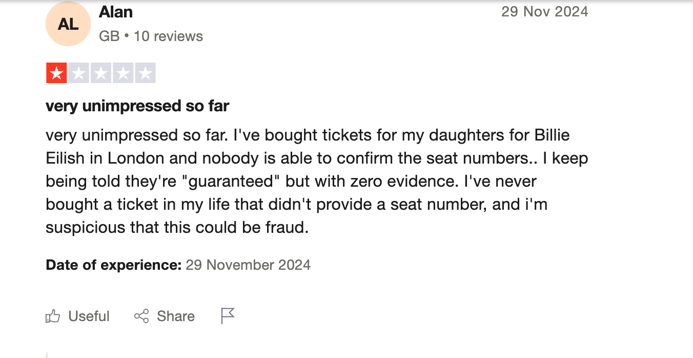 screenshot of Hellotickets negative review on Trustpilot
