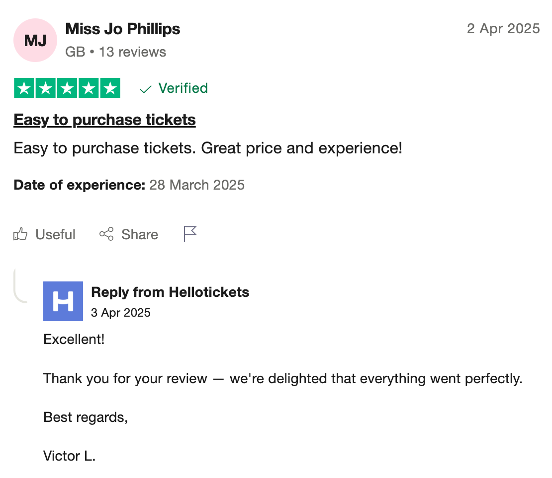 screenshot of Hellotickets positive review on Trustpilot