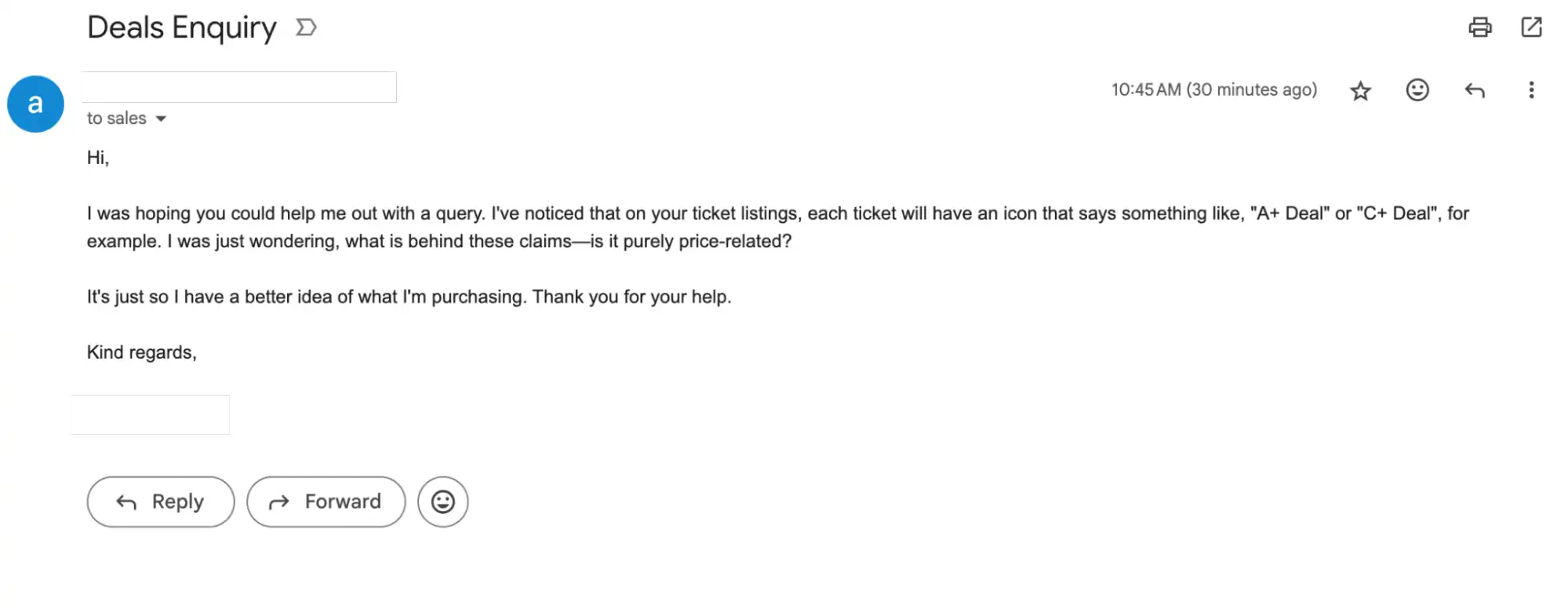 screenshot of Email support conversation