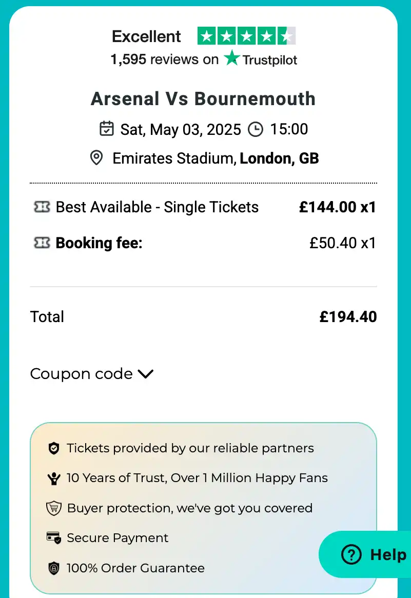 screenshot of Arsenal vs Bournemouth ticket price