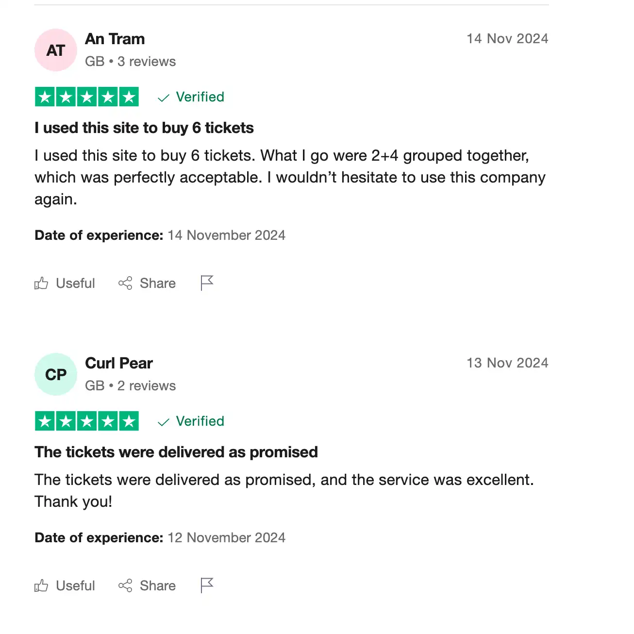 screenshot of positive Ticketgum Reviews on the Trustpilot