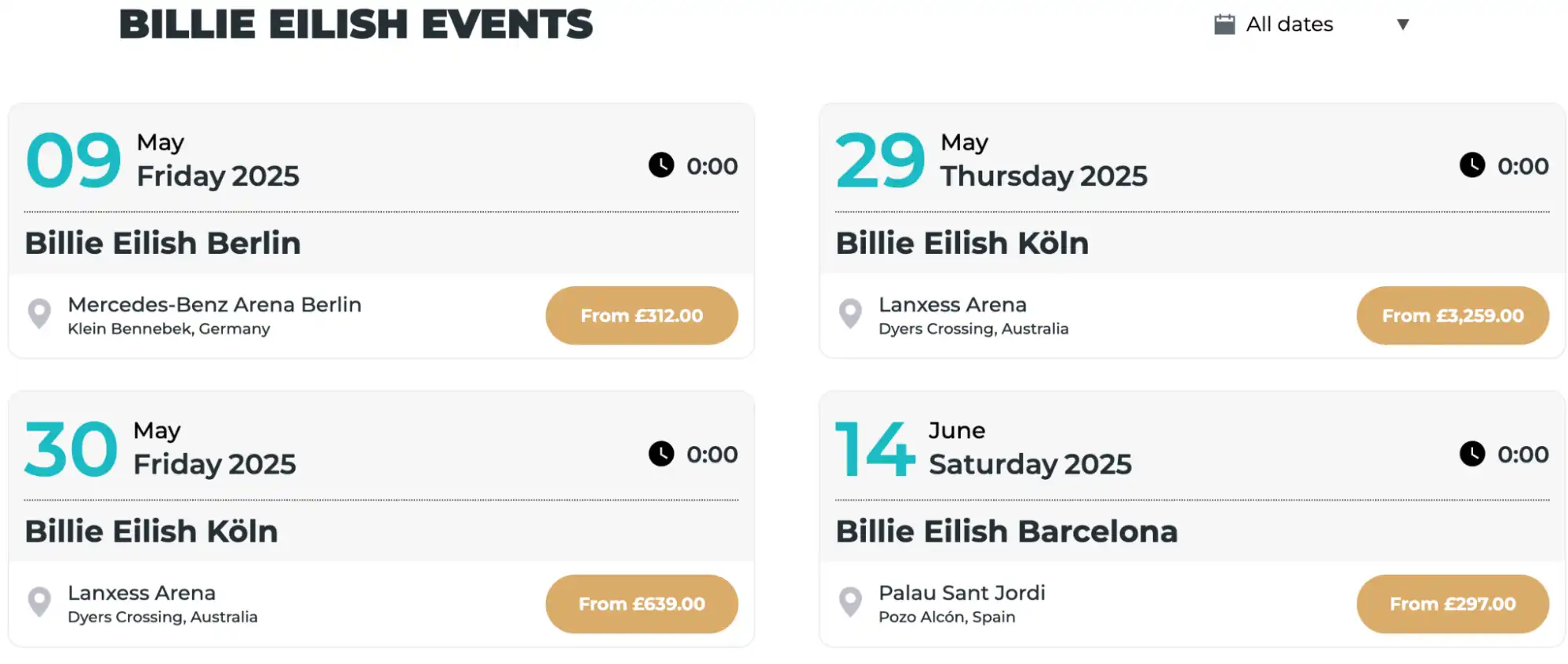 screenshot of Billie Eilish events