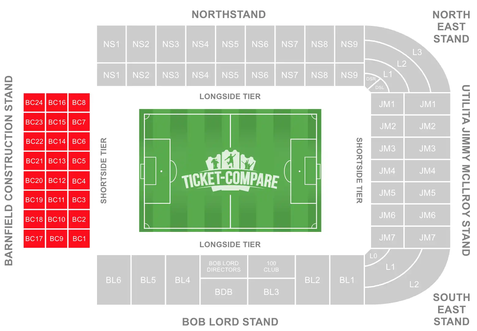 Turf Moor Stadium Seating Plan with Barnfield Construction Stand Highlighted