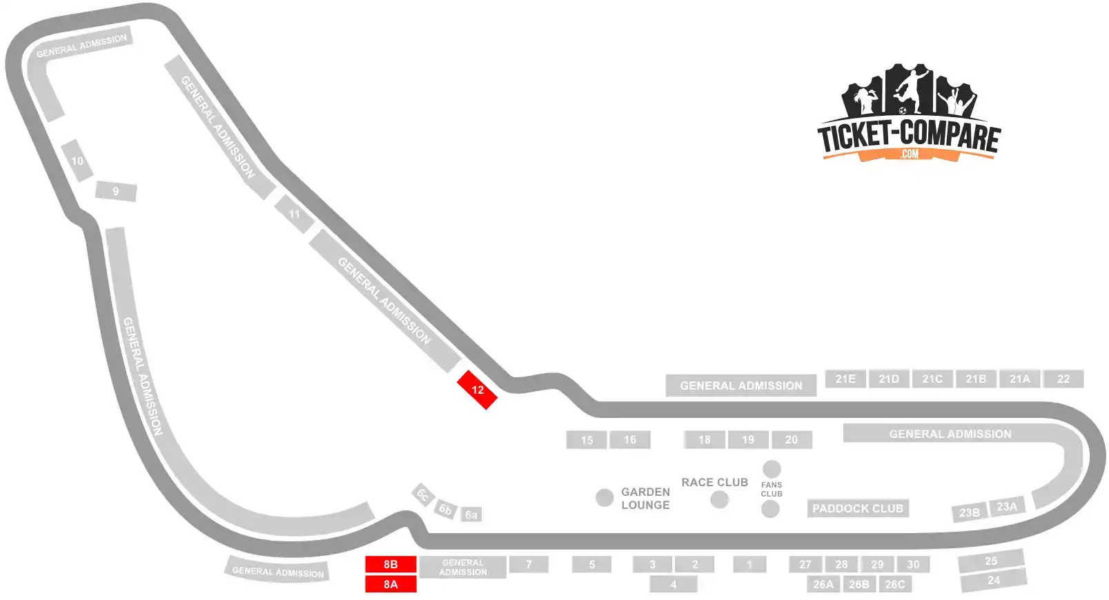 Screenshot of Monza Circuit seating plan with 8A & 8B Prima Variante and 12 Askari tre stands highlighted