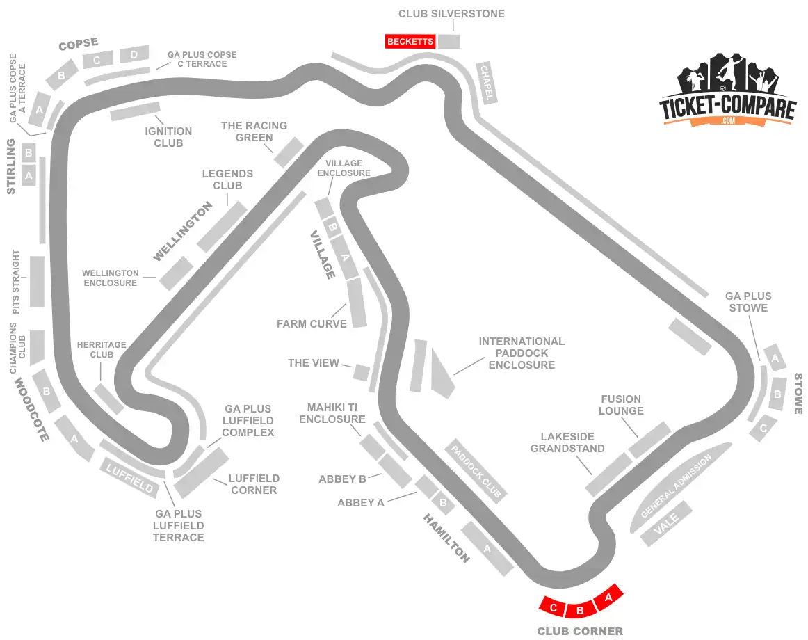 Screenshot of Silverstone Circuit seating plan with Becketts Stand and Club Corner highlighted