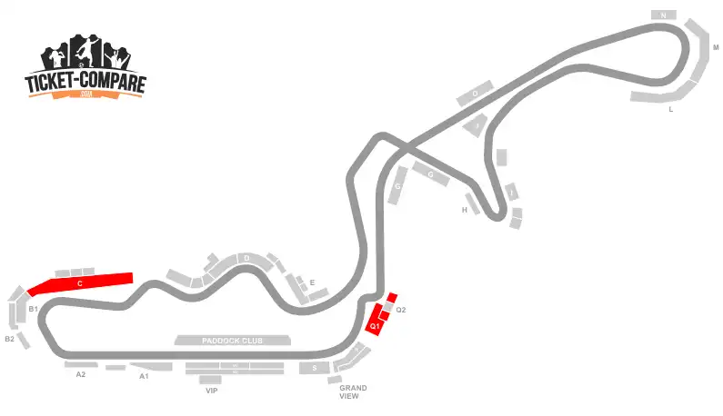 screesnhot of Suzuka Circuit seating plan with C and Q stands highlighted