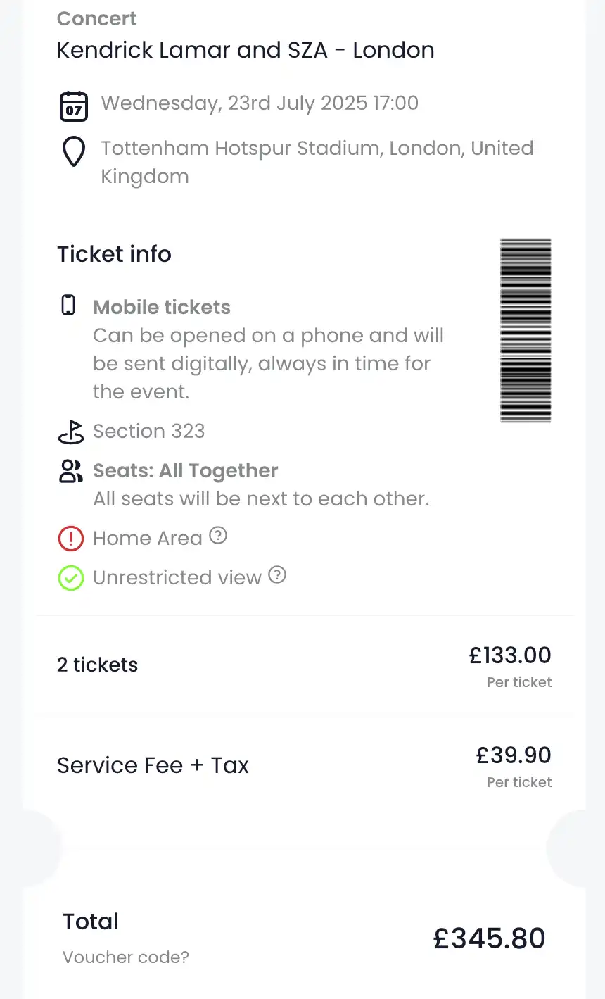 scrrenshot of Kendrick Lamar concert ticket