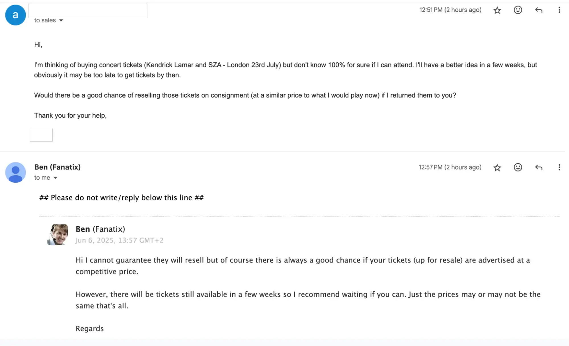 screenshot of the email conversation