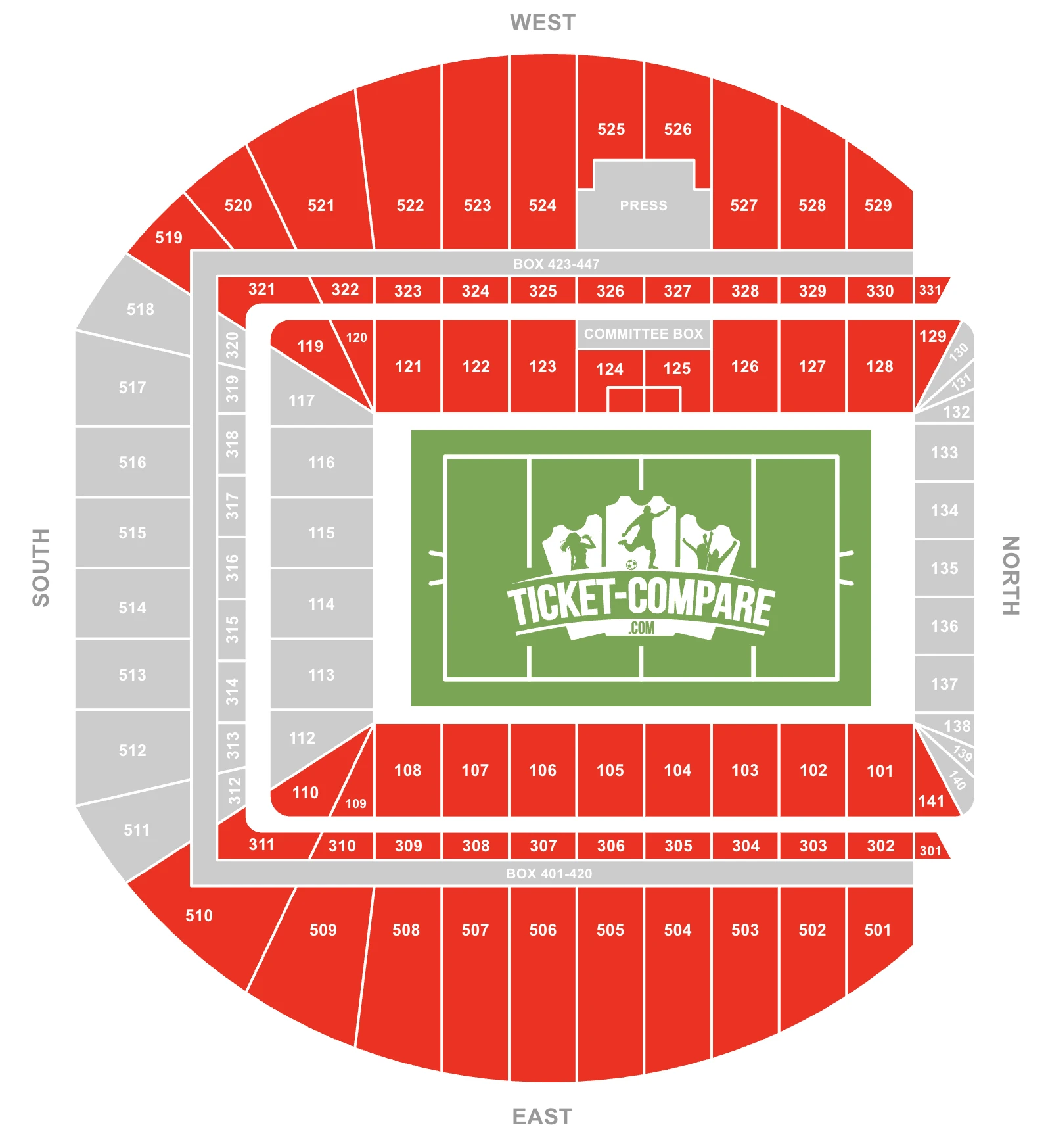 Screenshot of Aviva Stadium Seating plan with West and East stands highlighted