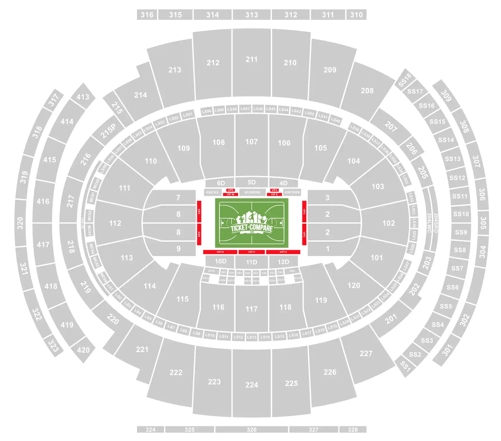 Screenshot of Madison Square Garden stadium seating plan with VIP boxes highlighted