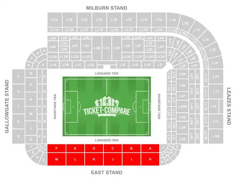 St James' Park Stadium Seating Plan with East Stand highlighted