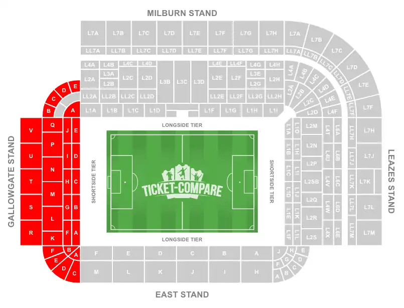 St James' Park Stadium Seating Plan with Gallowgate Stand highlighted