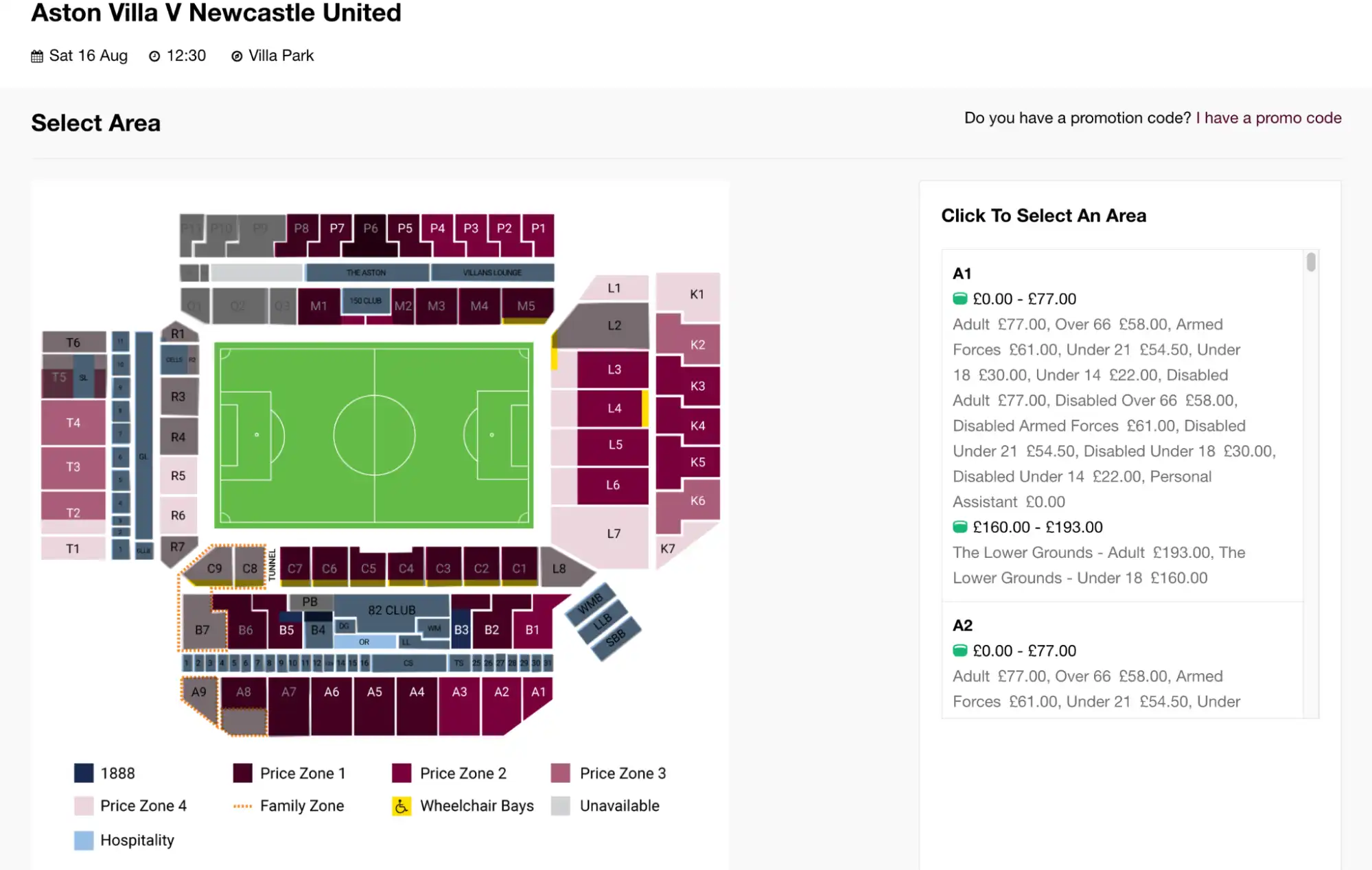 screenshot of Villa Park stadium seating plan
