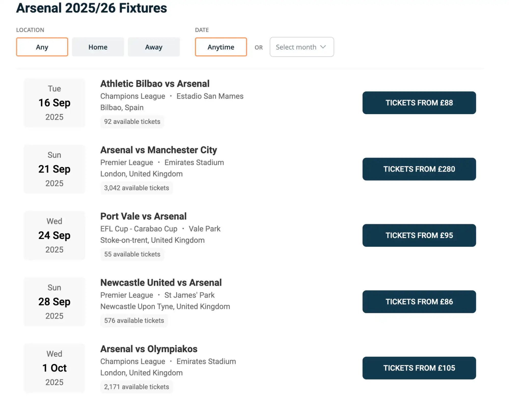 screenshot of Arsenal fixtures on www.bubbleblissbeauty.com