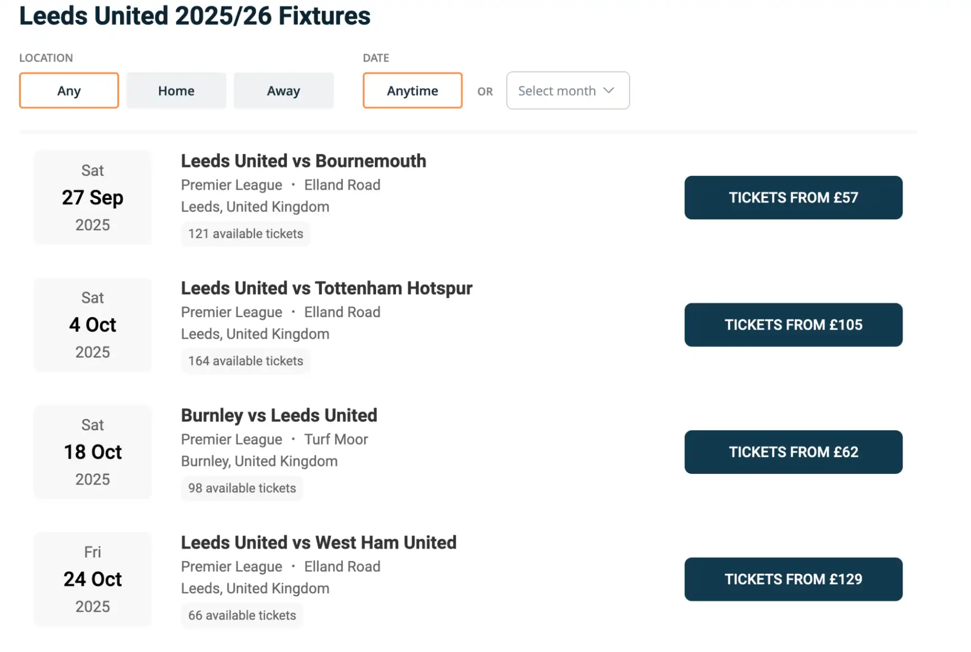 screenshot of Leeds United fixtures list on www.bubbleblissbeauty.com