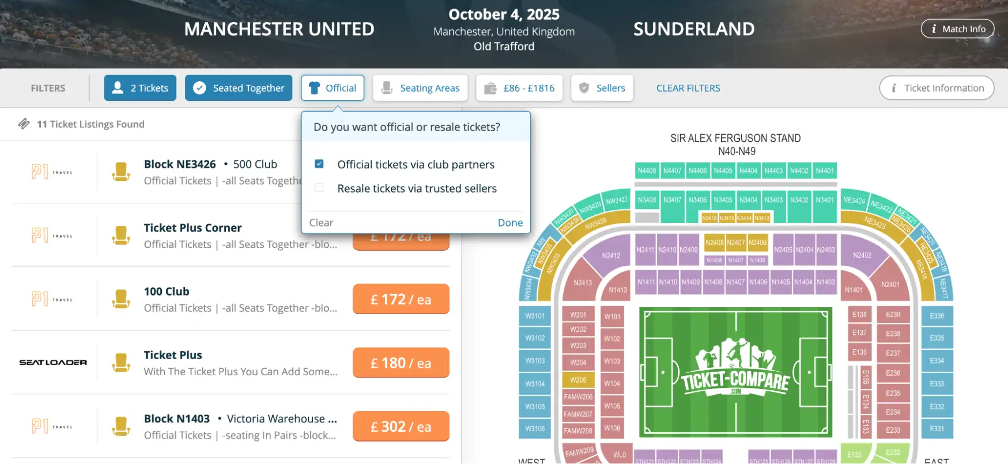 screenshot of Official tickets via club partners