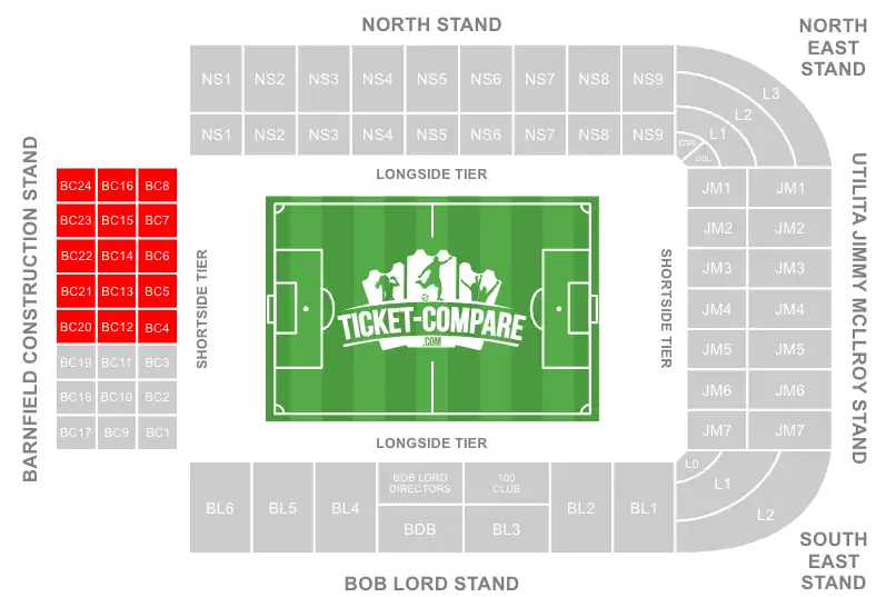 screenshot of Turf Moor Stadium Seating Plan with Away section highlighted