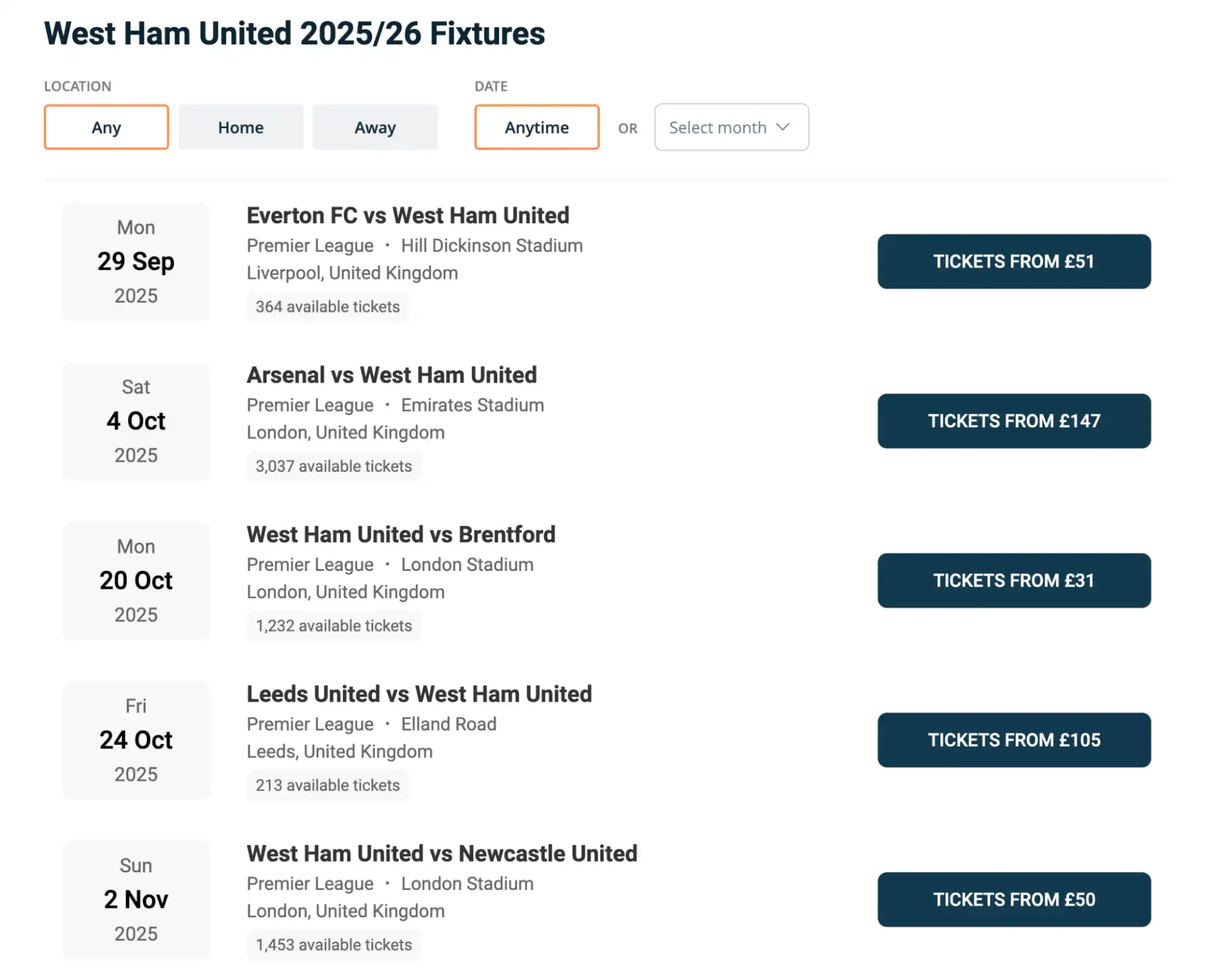 screenshot of West Ham United fixtures on www.bubbleblissbeauty.com