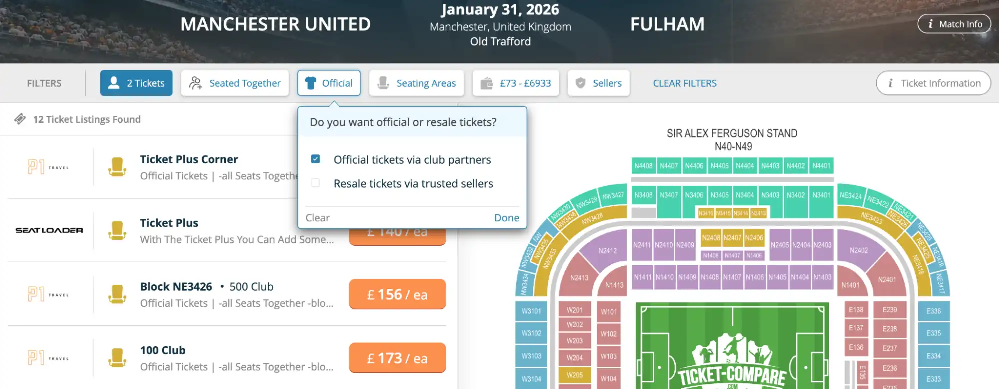 screenshot of official/resale tickets toggle