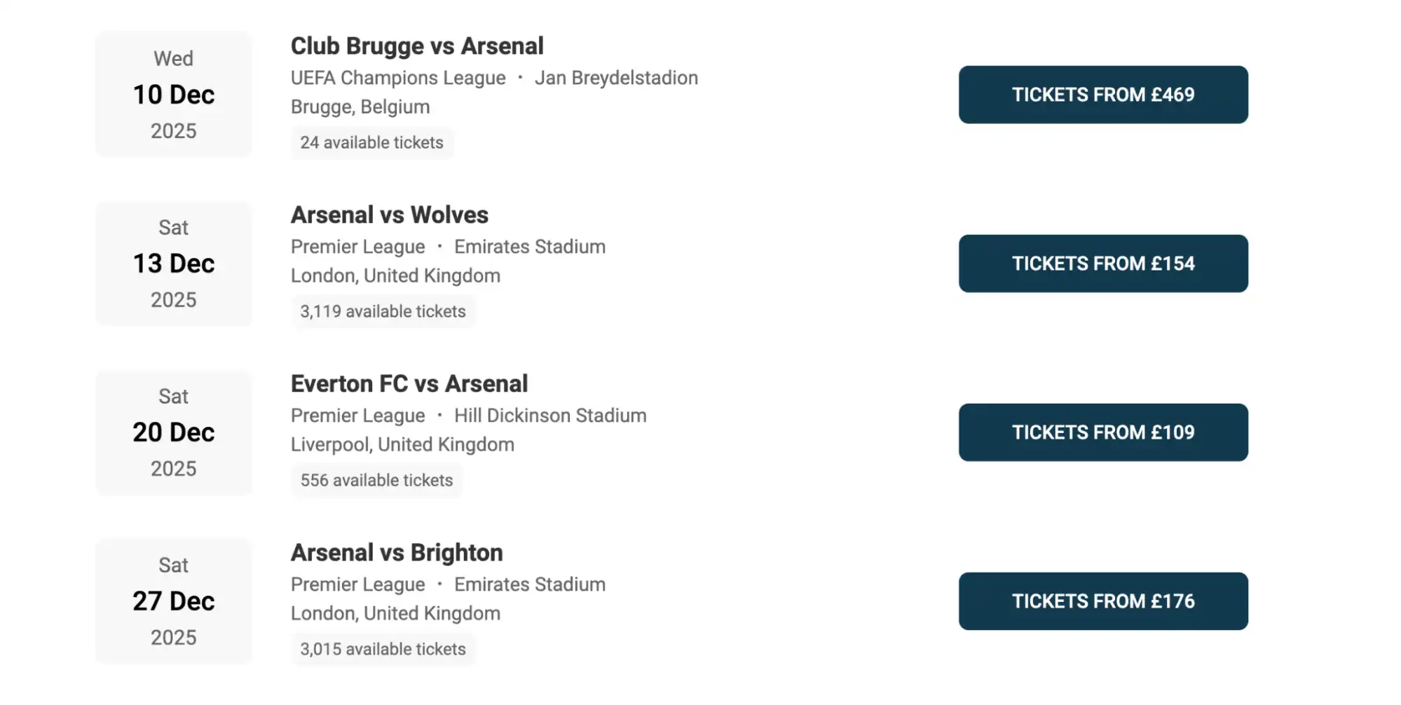 screenshot of Arsenal Fixtures list on the www.bubbleblissbeauty.com