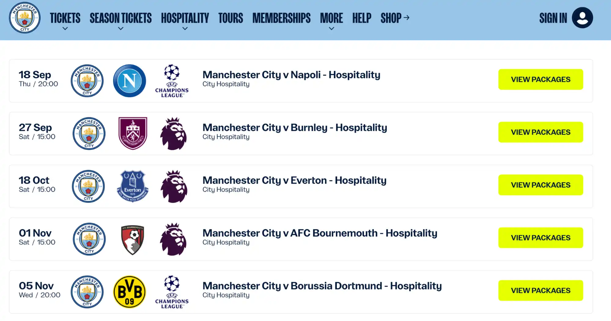 screenshot of Manchester City fixtures on the Mancher City's website