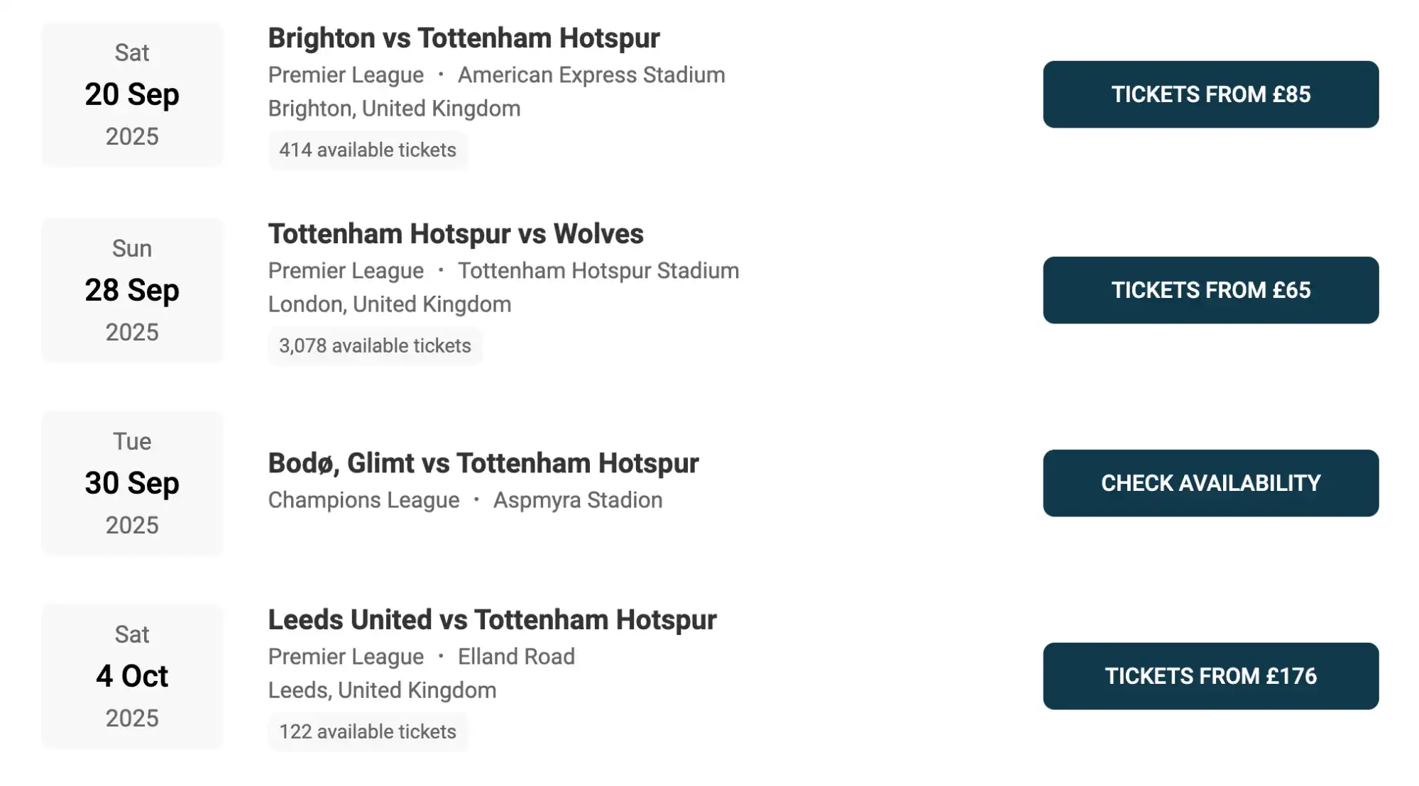 screenshot of Tottenham Hotspur fixtures