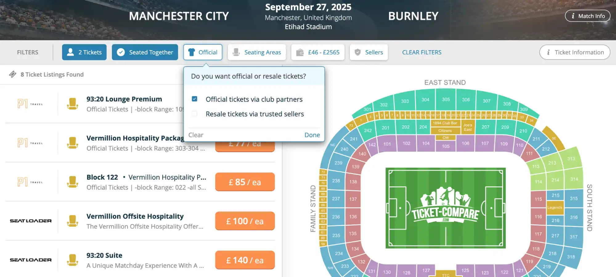 screenshot of the Official tickets via club partners option selected