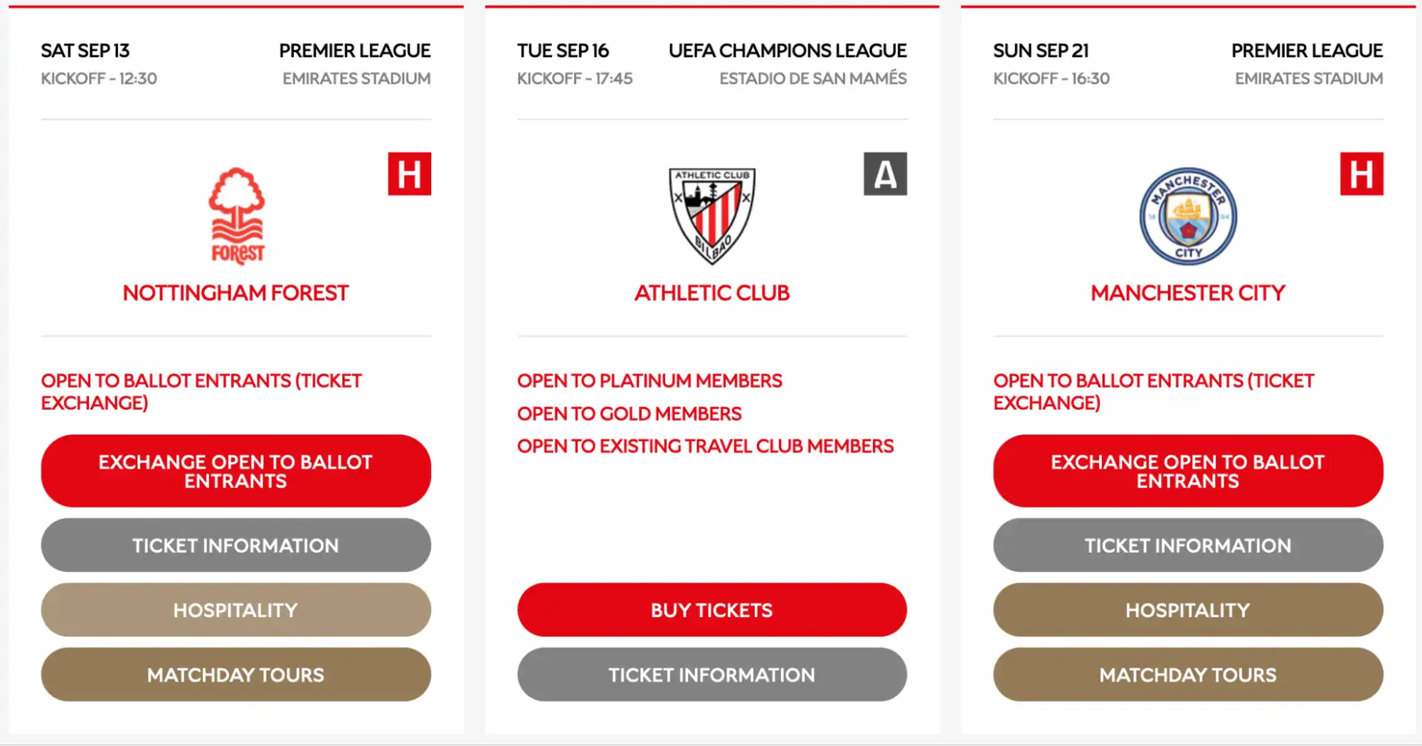 screenshot of the Tickets page on the official Arsenal website