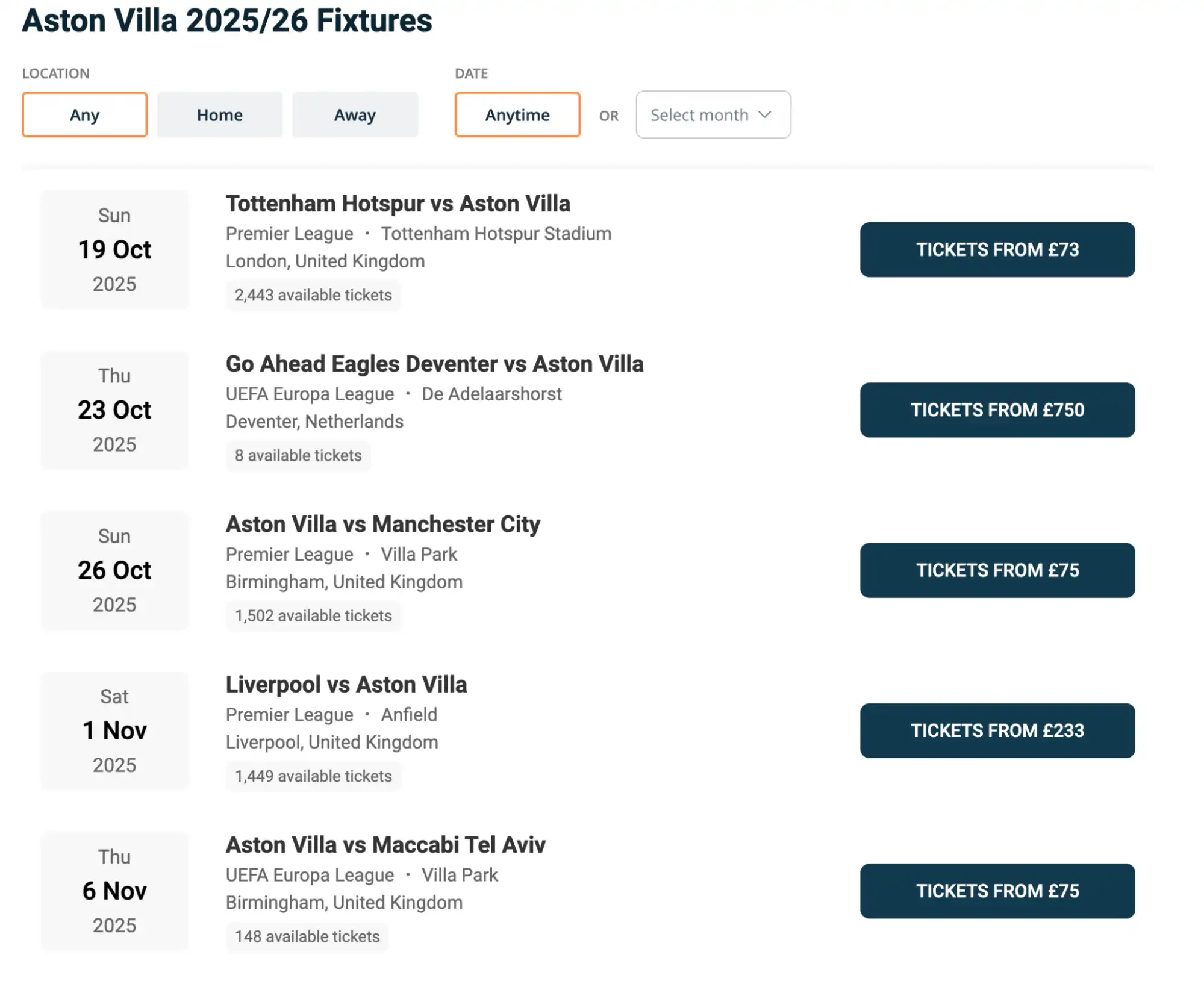 screenshot of Aston Villa Fixtures on www.bubbleblissbeauty.com