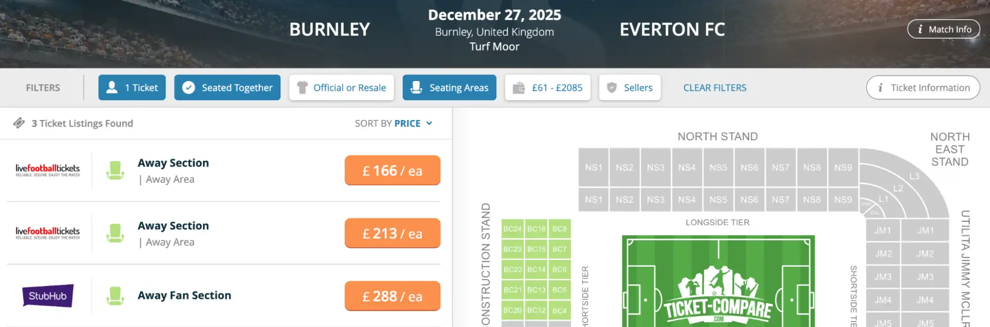 screenshot of Burnley v Everton tickets page