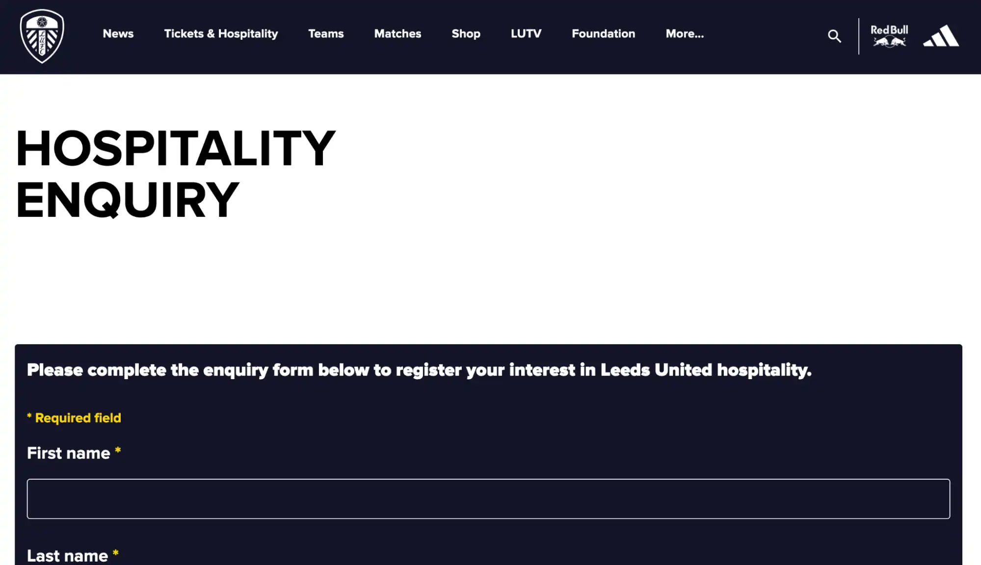 screenshot of Hospitality Enquiry page