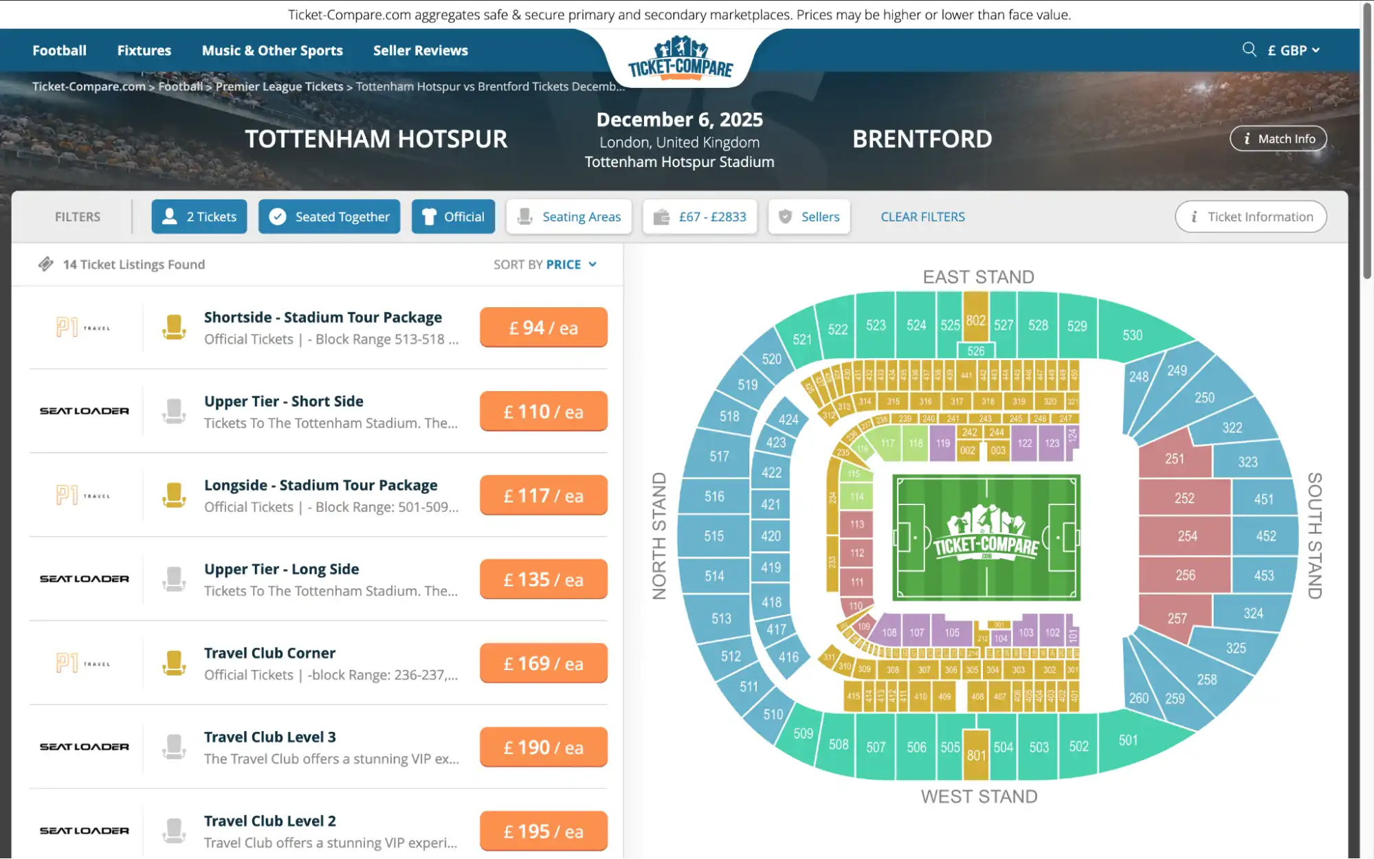 screenshot of Tottenham Hotspur vs Brentford tickets on www.bubbleblissbeauty.com website