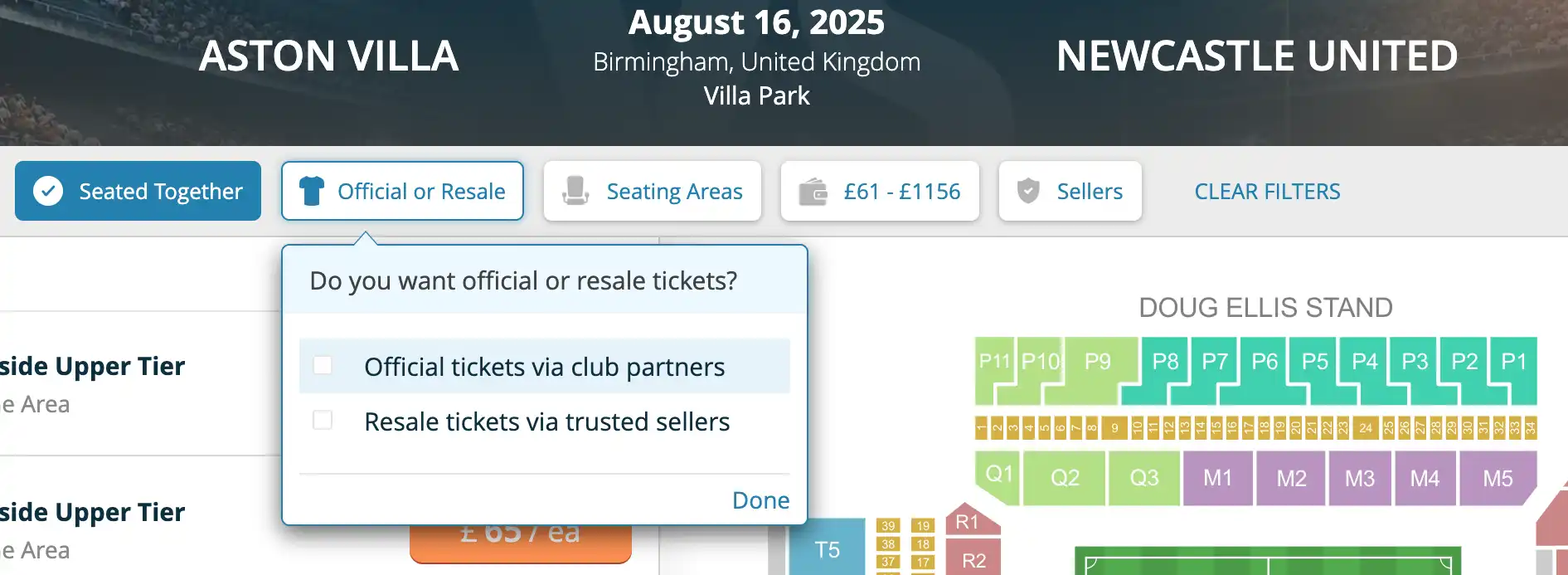 screenshot of the Official/resale tickets option