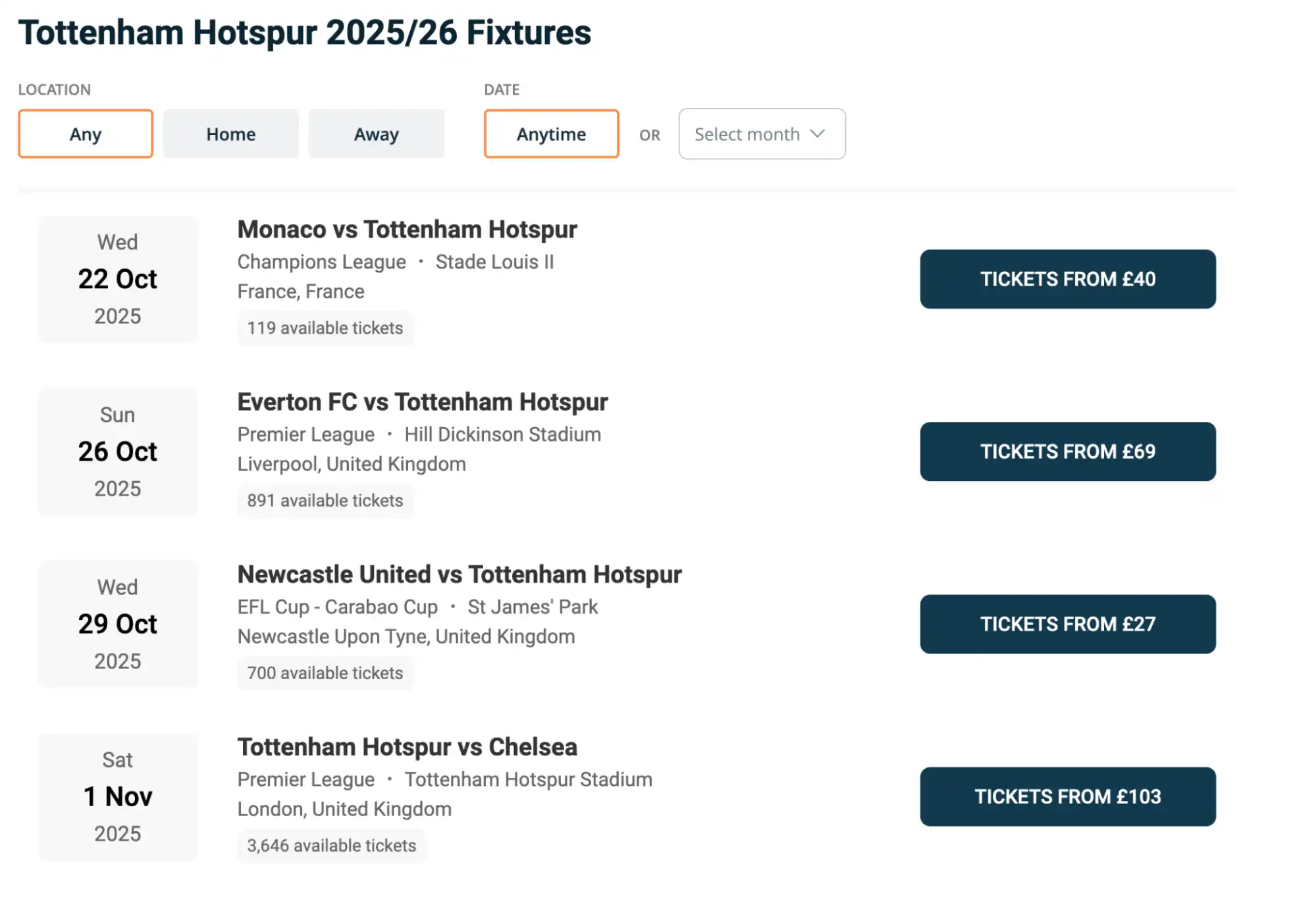 screenshot of Tottenham Hotspur Fixtures on www.bubbleblissbeauty.com
