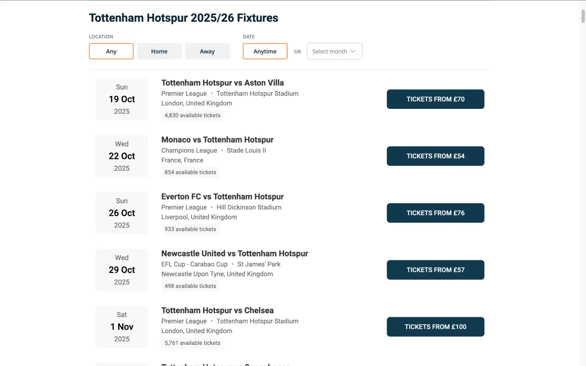 screenshot of Tottenham Hotspur fixtures on www.bubbleblissbeauty.com