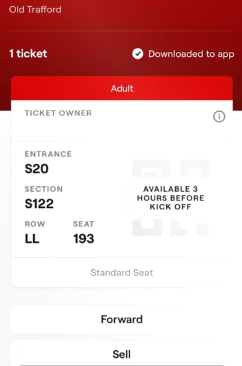 screenshot of Manchester United ticket in official app