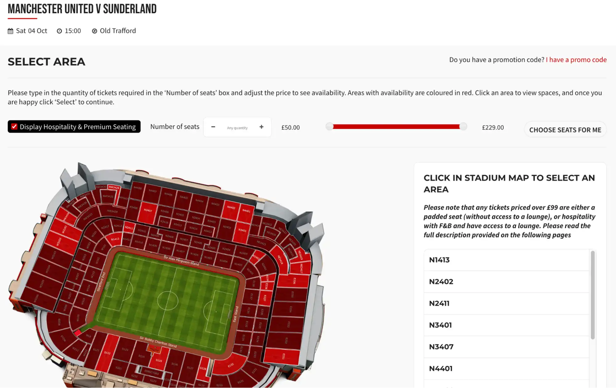 screenshot of Manchester United vs Sunderland match seating plan