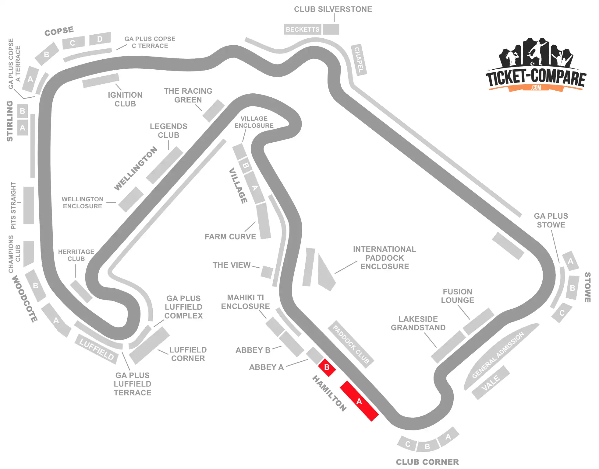 ScreenShot Of SilverStone Circuit seating plan with Hamilton sections highlighted