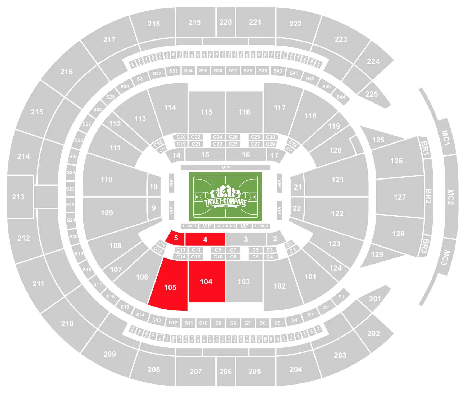 ScreenShot of Chase Center Arena Seating Plan with 4, 5, 104 and 105 sections highlighted