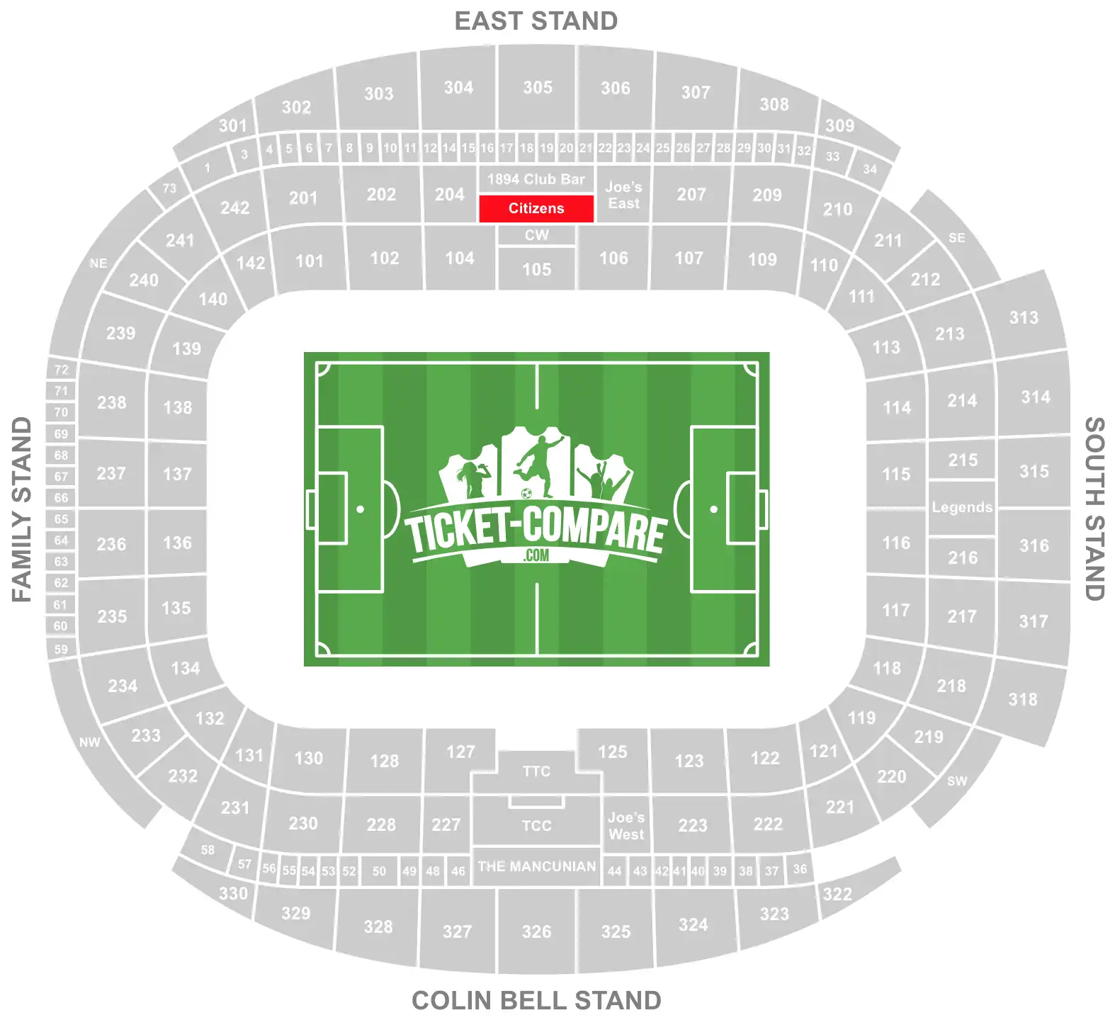 ScreenShot of Etihad Stadium seating plan with the Citiziens stand highlighted