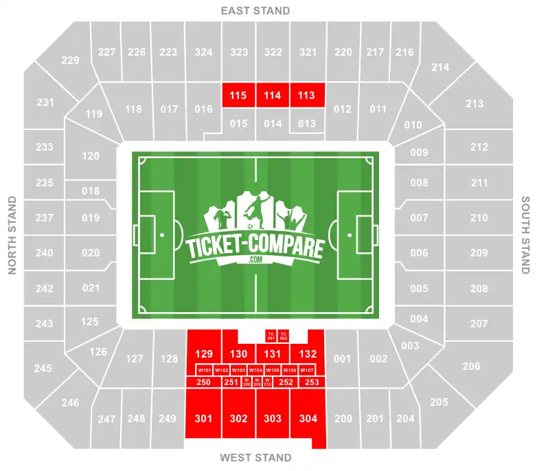 ScreenShot of Hill Dickinson Stadium seating plan with highlighted VIP and Executive boxes