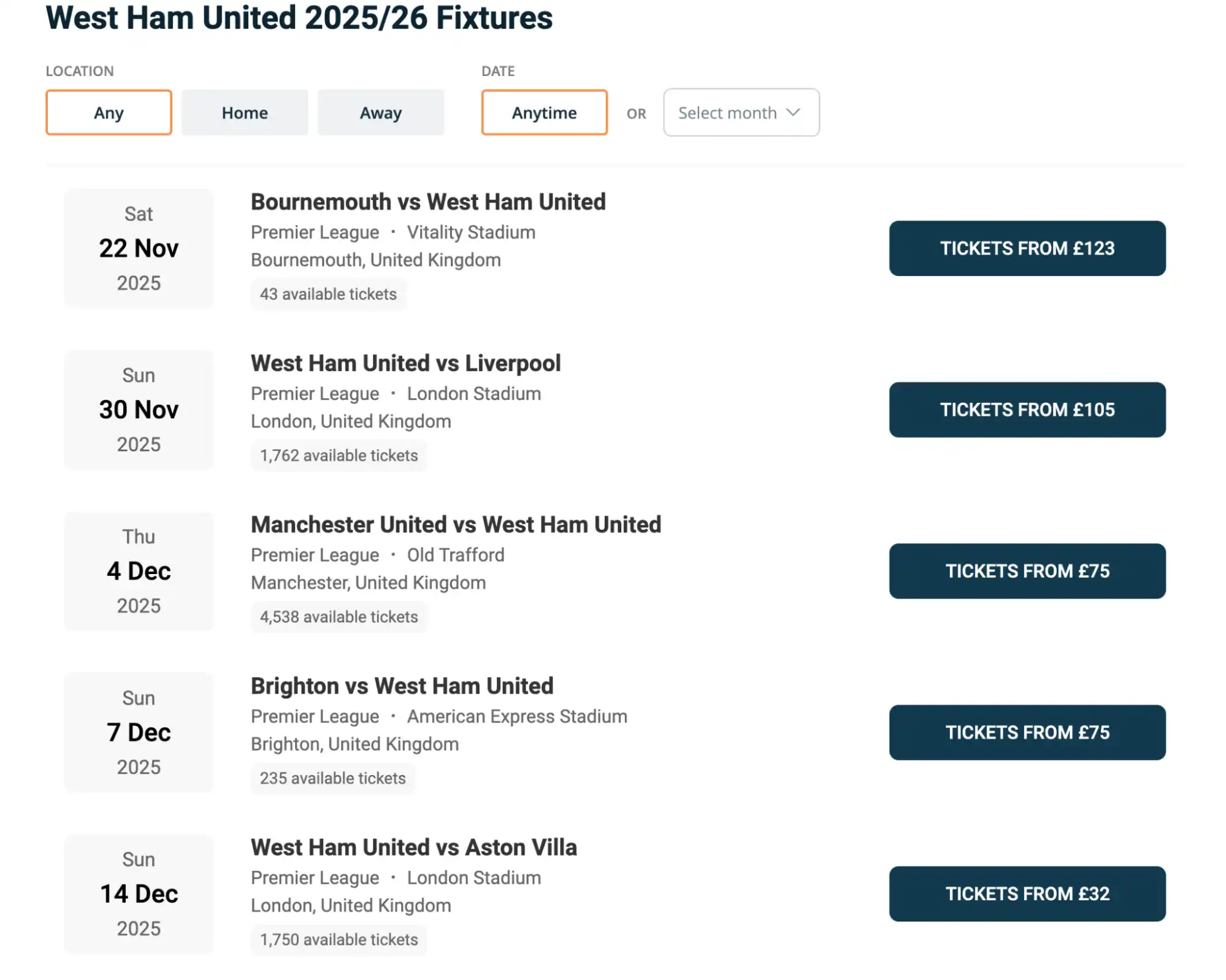 screenshot of West Ham Fixtures on www.bubbleblissbeauty.com