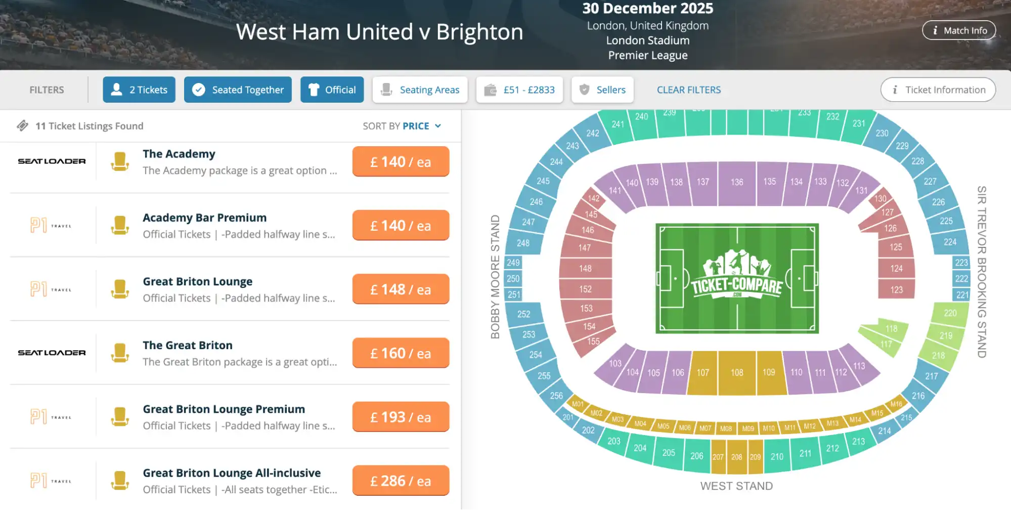 Screenshot of West Ham United v Brighton match tickets on www.bubbleblissbeauty.com